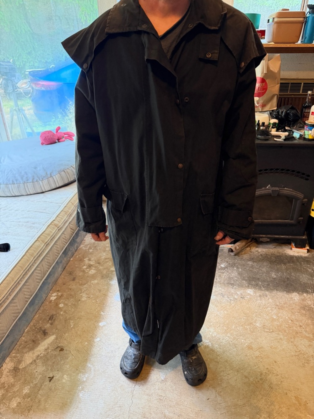 Men's Black Long Australian Oilskin Duster Coat with Hood